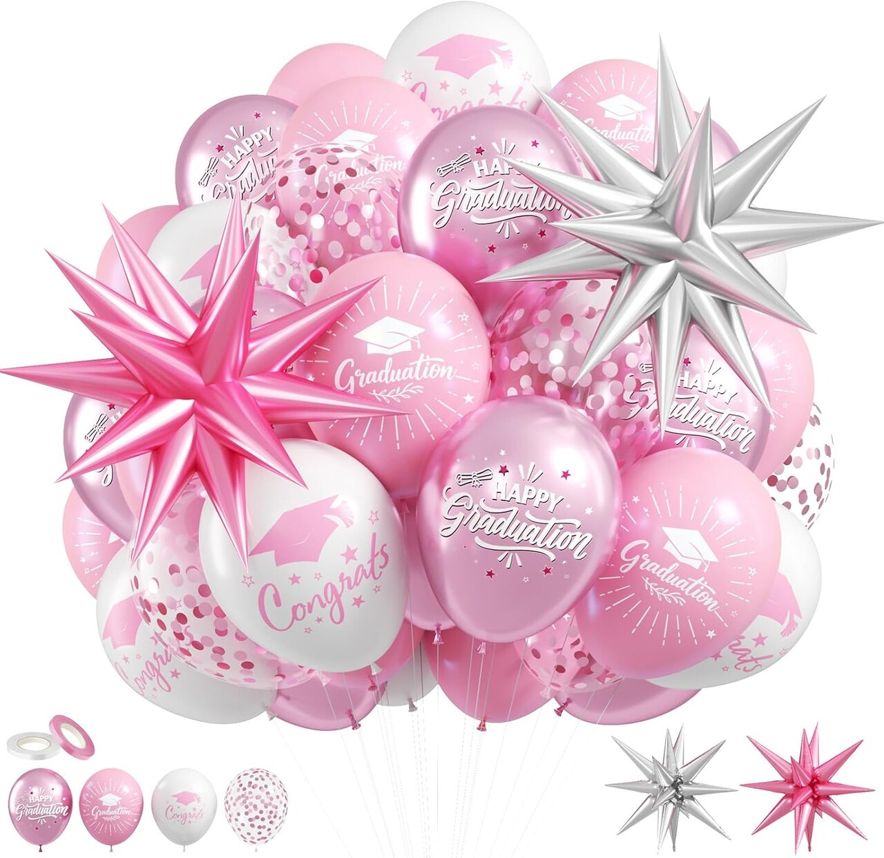 Pink and Silver Graduation Balloons, 51 PCS Congrats Grad Balloons, 22 Inch Silver Pink Star Foil Balloon and 12 Inch Grad Confetti Latex Balloon for College High School 2026 Graduation